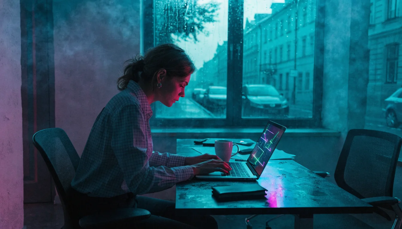 Český pracovník píše e‑mail v kanceláři