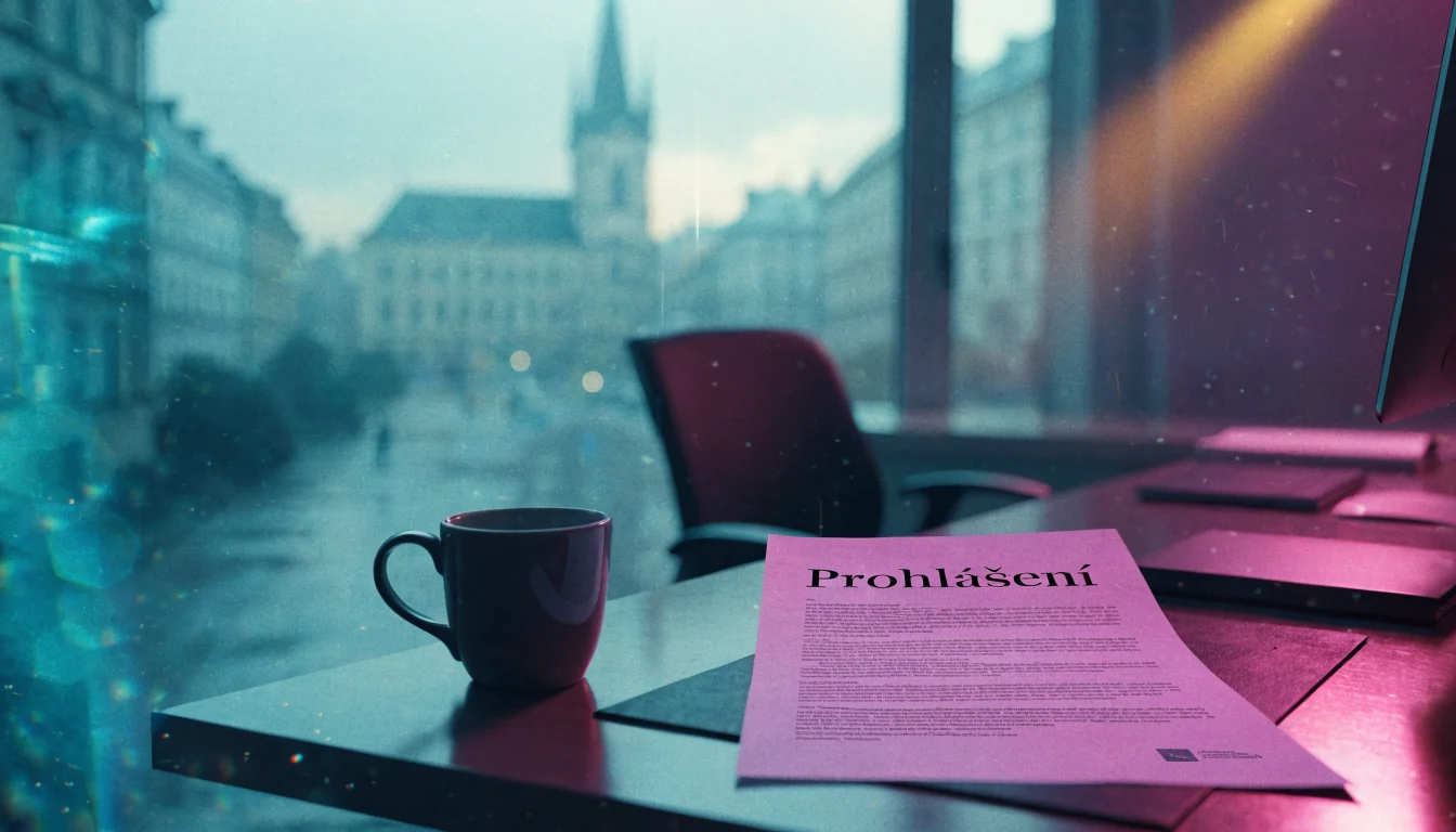 Kancelář v Praze s právním dokumentem a výhledem na historickou architekturu