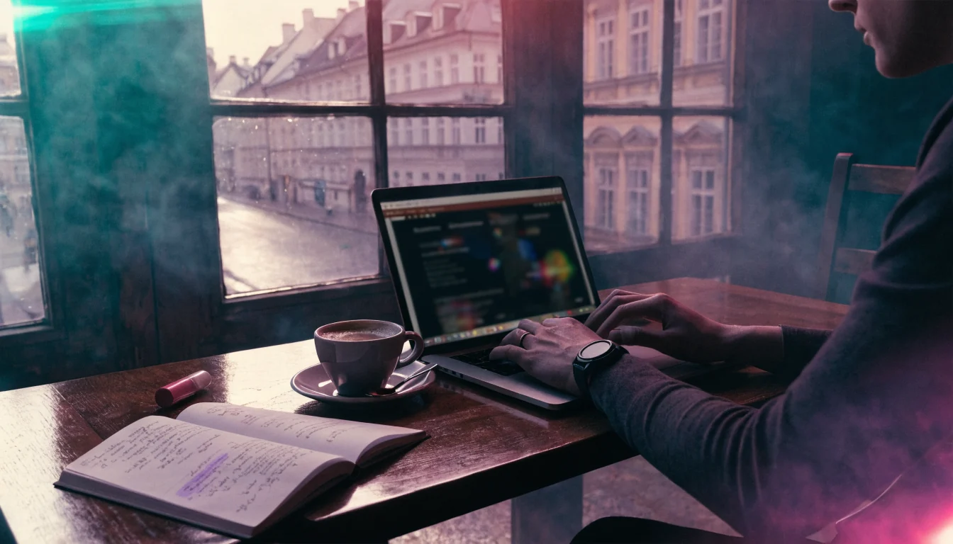 Osoba v pražské kavárně pracuje na laptopu s recenzí kasina