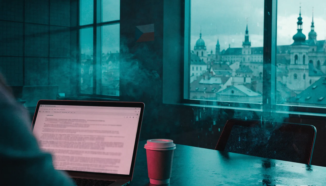Moderní kancelář v Praze s oknem na historické panorama a laptopem s politikou ochrany osobních údajů