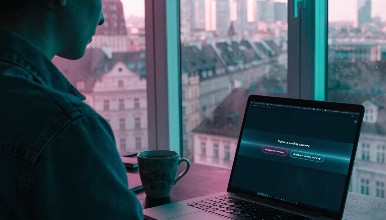 Osoba u počítače s upozorněním o cookies a výhledem na Prahu